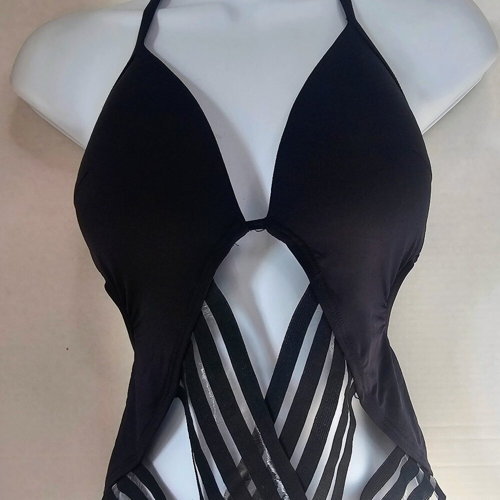 Kenneth Cole‎ Reaction Black 1 PC Strappy Mesh Push Up Swimsuit SZ SM